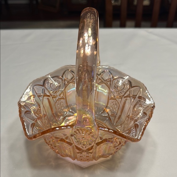 Vtg LE Smith Iridescent pink lustre Quintec pattern carnival glass Basket. - Picture 1 of 5